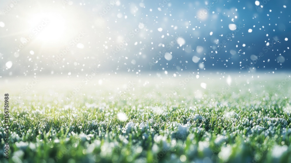 Fototapeta premium Football field grass texture under spring sun with bright rays and contrasting winter snowflakes creating a dynamic seasonal landscape.