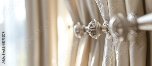 Elegant curtain poles with ornate finials and decorative eaves enhancing sophisticated interior design aesthetics in a bright room setting. photo