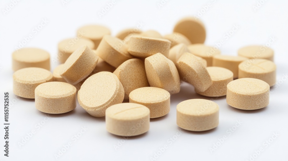Assorted round yellow tablets displayed on a white background representing pharmaceutical products and single-dose medications. Assorted round yellow tablets displayed on a white background representing pharmaceutical products and single-dose medications.