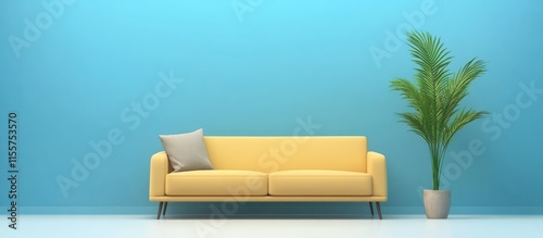 Modern yellow sofa with minimalist design and potted plant against a vibrant blue wall perfect for contemporary interior design inspiration photo