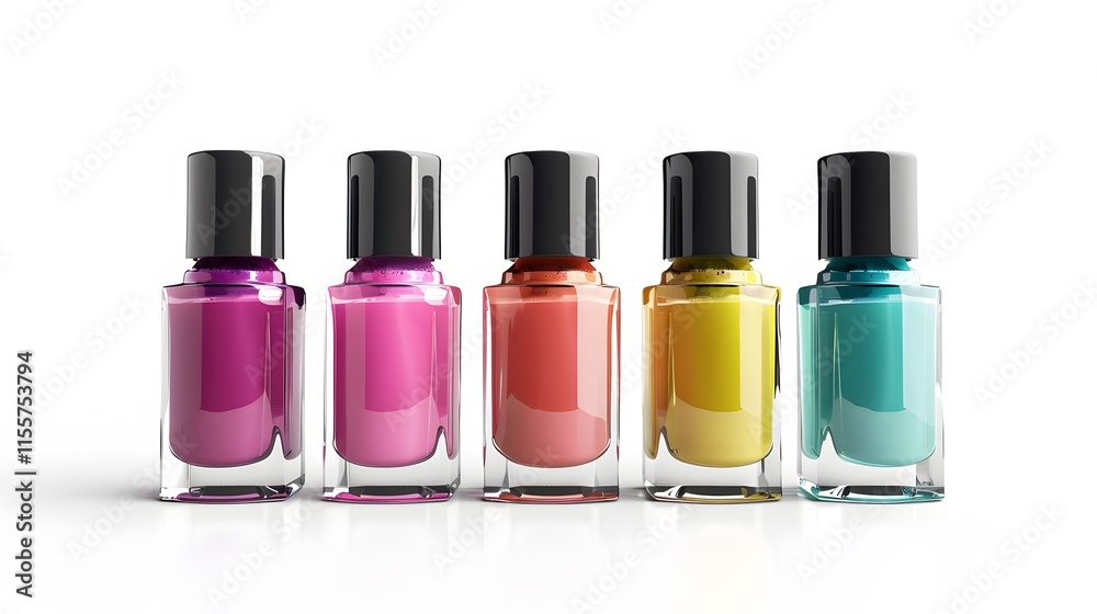Vibrant Nail Polish Bottles in a Spectrum of Colors on White Background Vibrant Nail Polish Bottles in a Spectrum of Colors on White Background