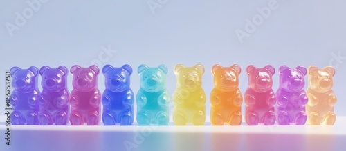 Colorful jelly bear candies arranged in a vibrant gradient on a clean background showcasing their playful shapes and bright colors. photo