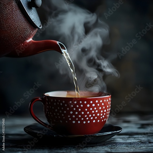 Photo of tea being poured from a red teapot into a cup with steam rising photo