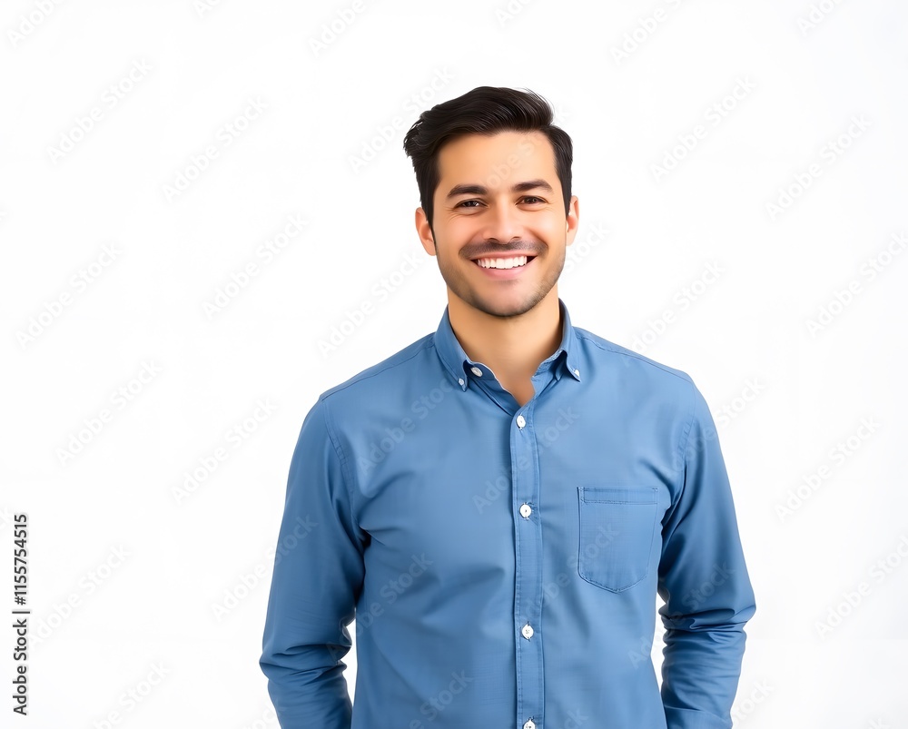Well-groomed businessman with dark hair, wearing a blue button-up shirt, standing with a cheerful expression against a plain white background Well-groomed businessman with dark hair, wearing a blue button-up shirt, standing with a cheerful expression against a plain white background