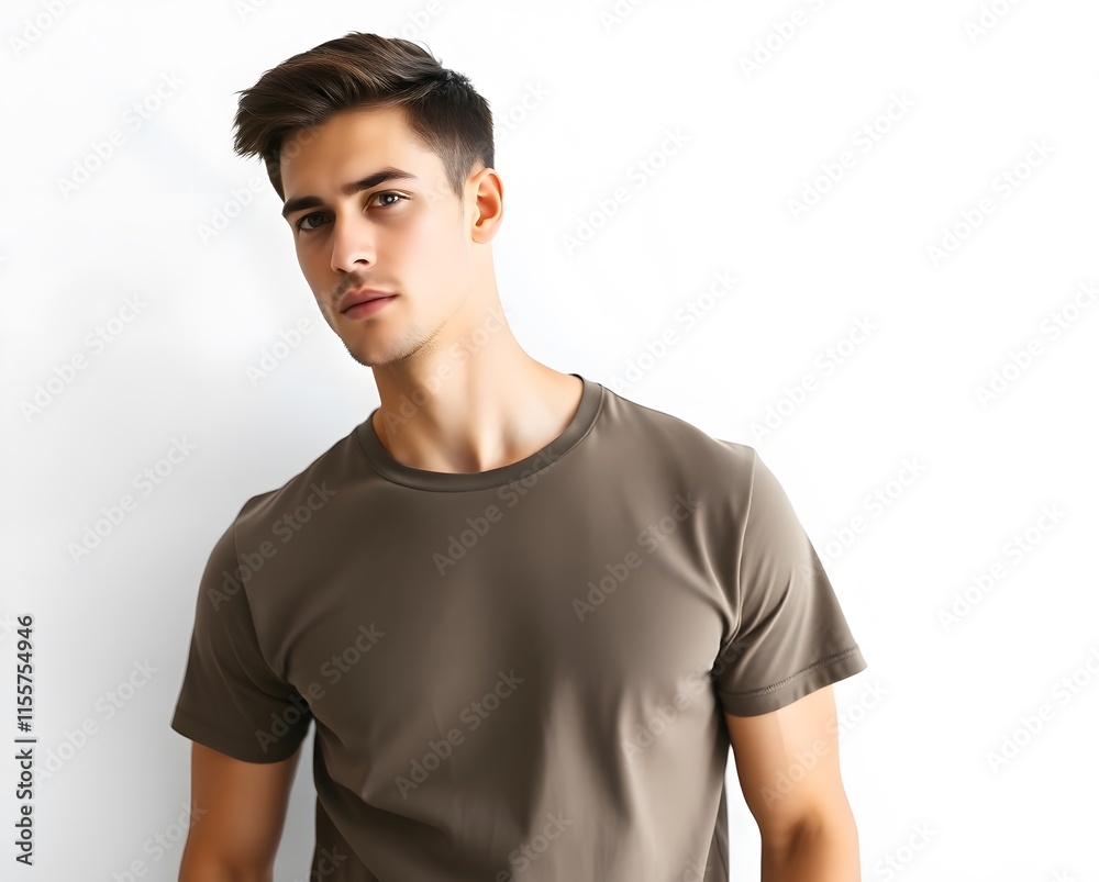 Casual portrait of a handsome young man in a solid color t-shirt, standing still with a serious demeanor, on a plain white backdrop Casual portrait of a handsome young man in a solid color t-shirt, standing still with a serious demeanor, on a plain white backdrop