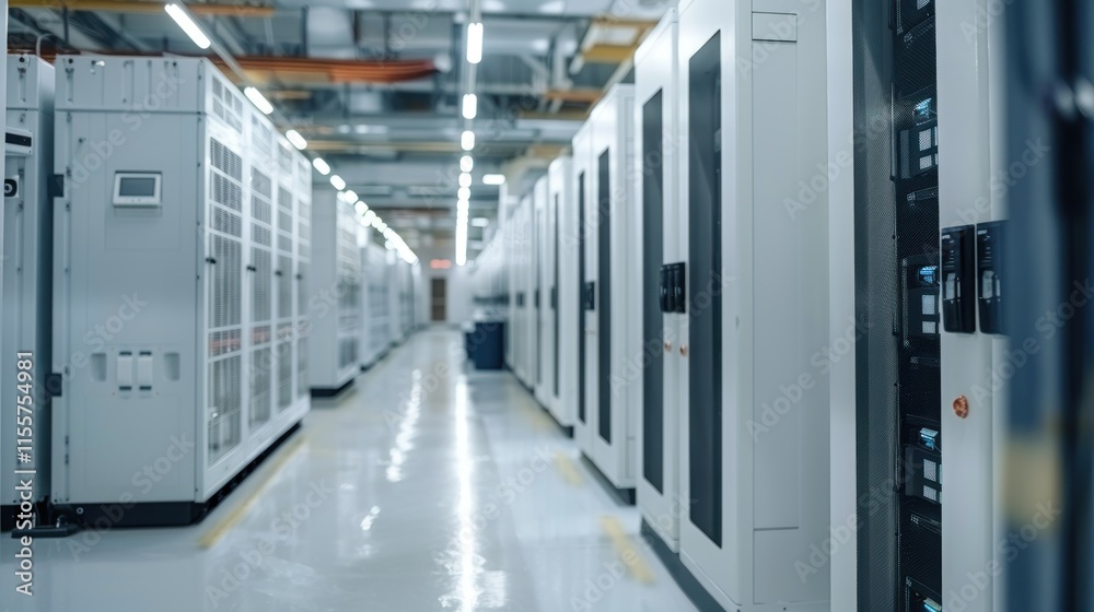 Modern Data Center Server Room Interior: Rows of High-Tech Servers and Network Equipment Modern Data Center Server Room Interior: Rows of High-Tech Servers and Network Equipment