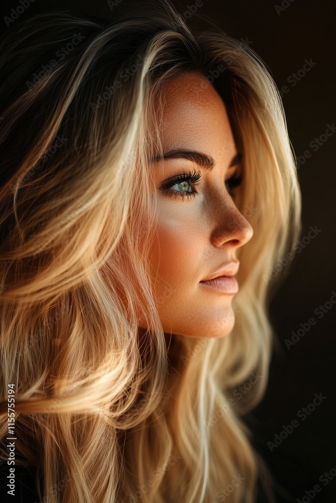 Fototapeta premium Blonde model posing with long wavy hair and freckles in profile view