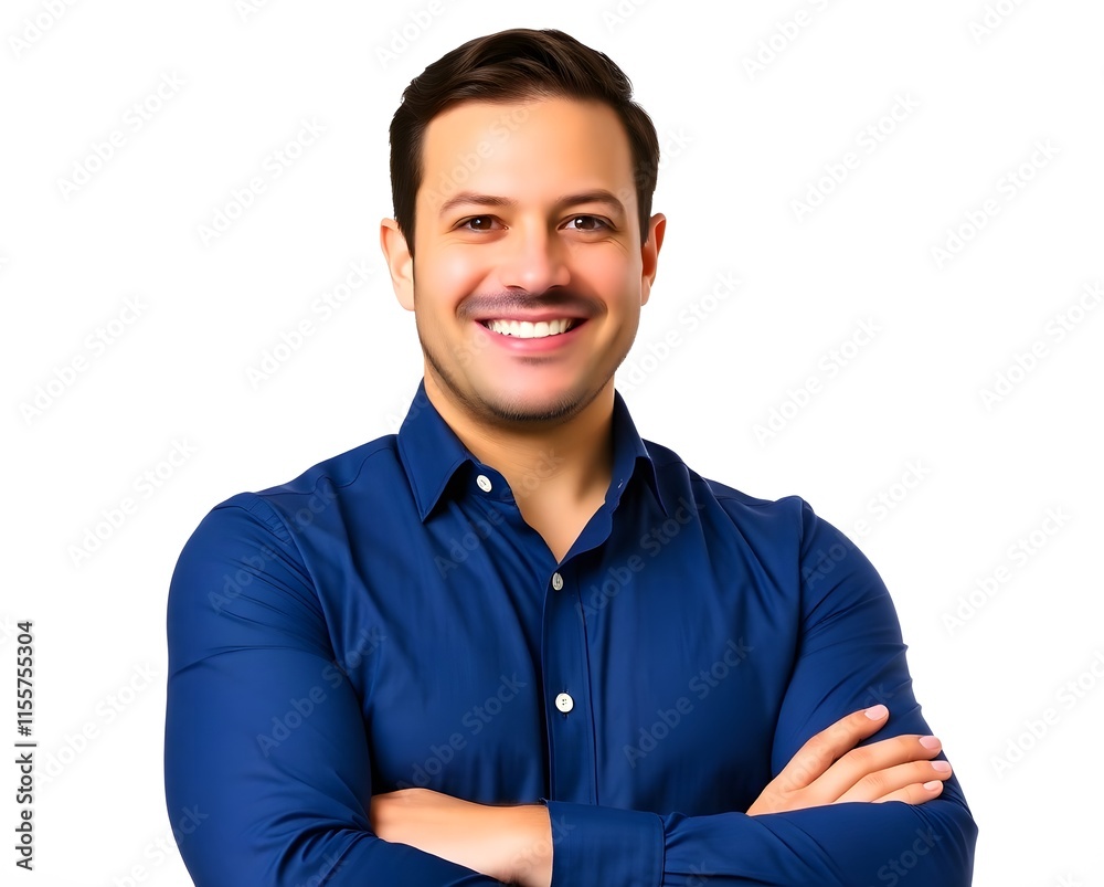 Smiling man in a blue formal shirt, arms folded in a professional yet approachable pose, isolated on a clean white background. Smiling man in a blue formal shirt, arms folded in a professional yet approachable pose, isolated on a clean white background.