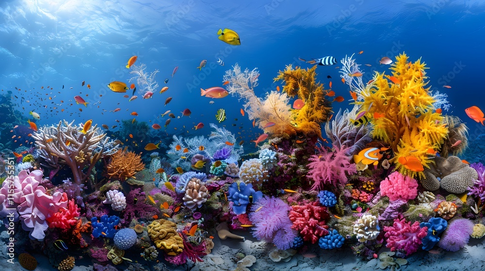 Fototapeta premium Vibrant Coral Reef Underwater Scene with Colorful Fish and Plants