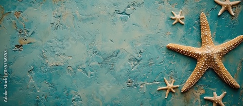 Starfish on textured turquoise background with smaller starfish creating a coastal and marine theme perfect for nature inspired designs