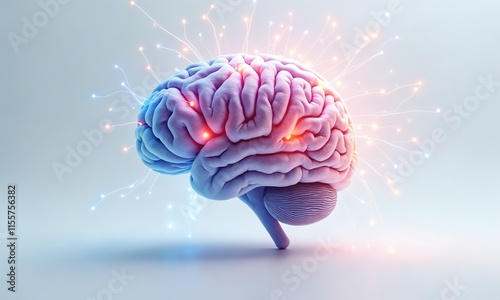 A glowing 3D-rendered brain with colorful neural connections lighting up, symbolizing active thinking and creativity. The clean white background highlights the intricate pathways and vibrant energy.