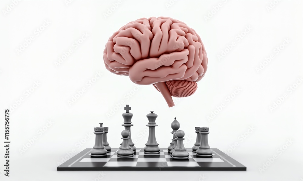 Fototapeta premium A 3D-rendered brain floating above a chessboard, with holographic chess pieces emerging from it. The clean white background emphasizes strategic thinking and problem-solving.