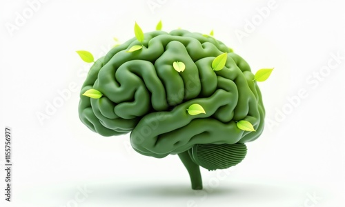 A conceptual 3D-rendered brain with half of it covered in glowing green leaves, symbolizing sustainable and innovative thinking. The white background emphasizes its clean and modern look.