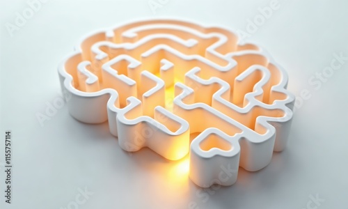 A glowing brain-shaped labyrinth in 3D, with a small golden light moving through its pathways. The clean white background emphasizes problem-solving and the journey of thought.