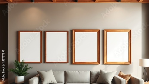 Modern living room interior design featuring four empty wooden picture frames above a light gray sofa