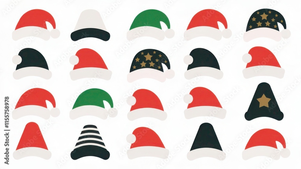 Santa hats set with various patterns and colors on a white background Santa hats set with various patterns and colors on a white background