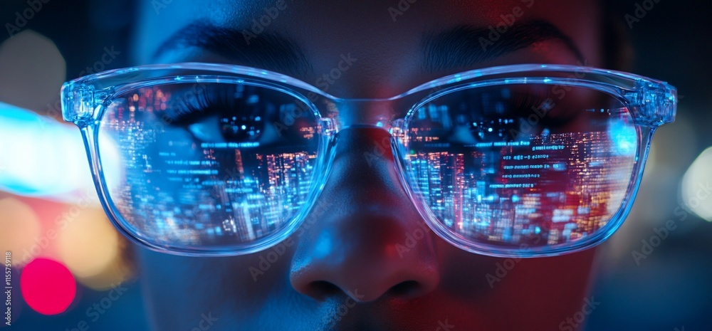 Close-up of glasses reflecting a vibrant cityscape at night.