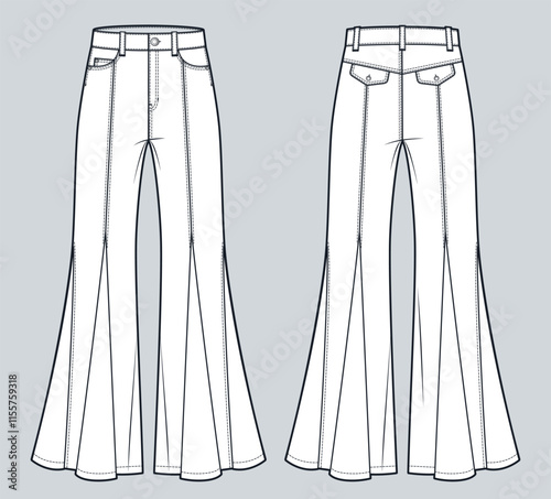Godet Jeans technical fashion illustration. Flared Denim Pants fashion flat technical drawing template, flared fit, full length, front and back view, white, women, men, unisex CAD mockup.