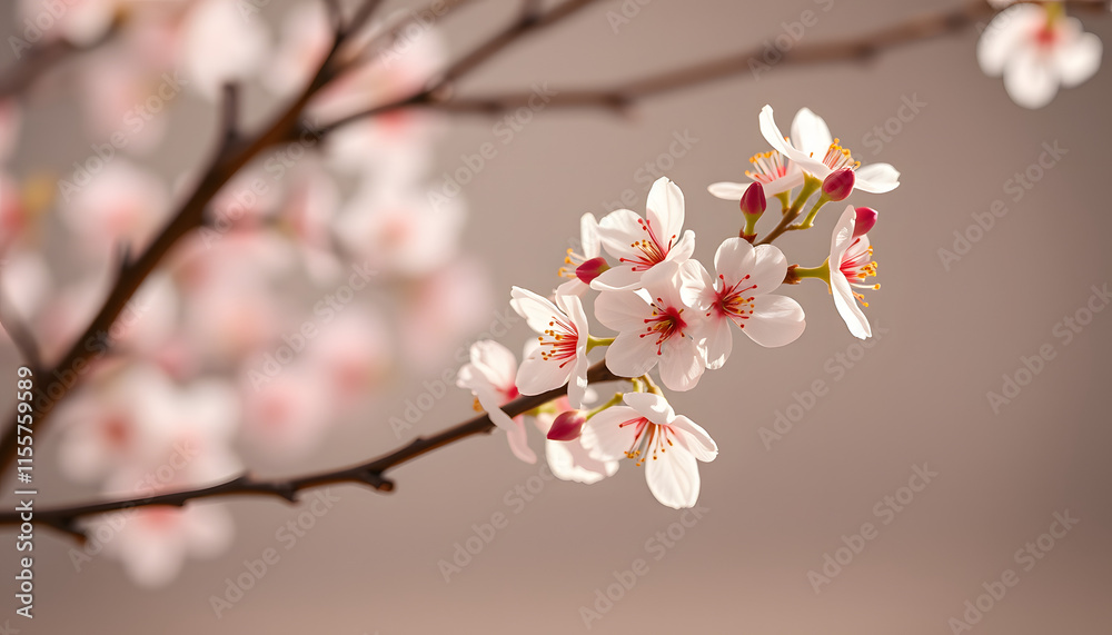 Fototapeta premium mockup of a spring postcard. blossoming cherry branch and place for text. congratulation. invitation, studio lighting. isolated with white shades