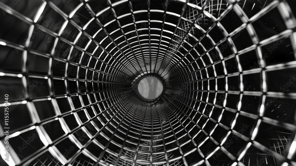 Obraz premium A close up of a metal mesh with a black and white color scheme. The mesh is circular in shape and has a hole in the center. Concept of mystery and intrigue