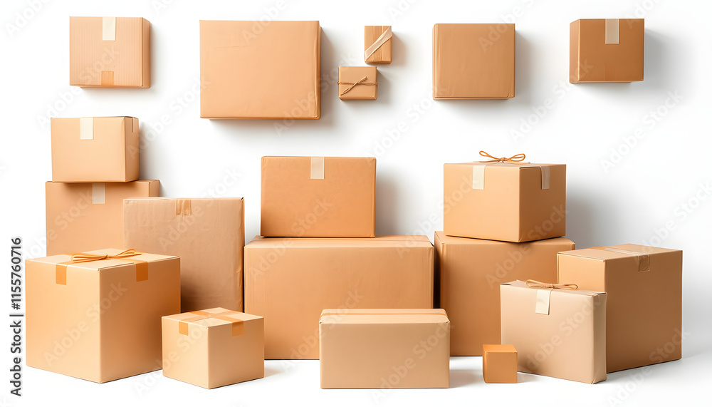 Collection of cardboard boxes isolated on white background. Set of brown cardboard boxes. Delivery concept, enhance. isolated with white shades Collection of cardboard boxes isolated on white background. Set of brown cardboard boxes. Delivery concept, enhance. isolated with white shades