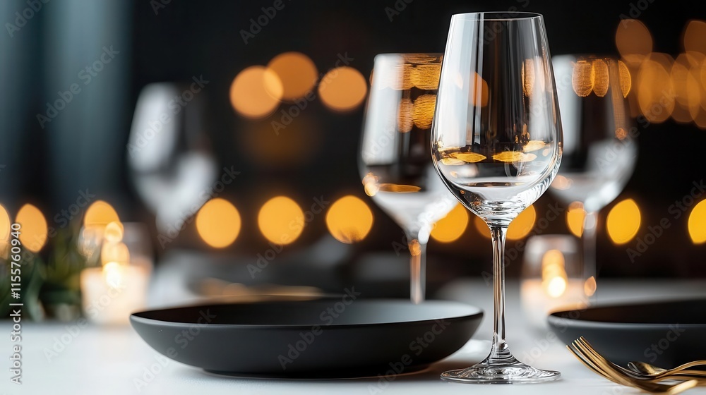 Elegant dining setup with matte plates, crystal wine glasses, and gold accents, styled for a formal dinner party Elegant dining setup with matte plates, crystal wine glasses, and gold accents, styled for a formal dinner party