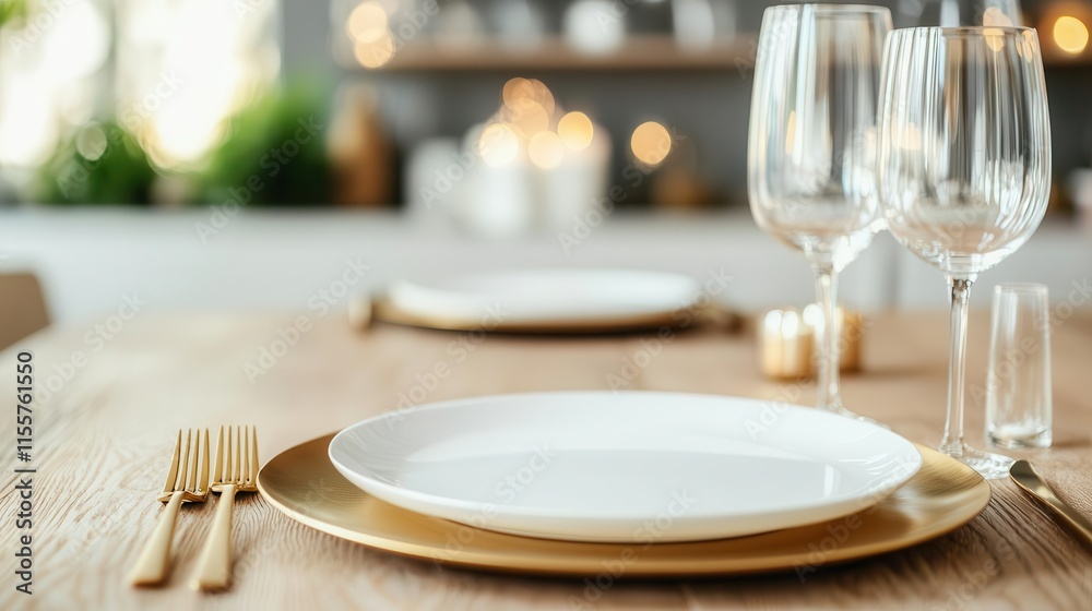 Matte plates paired with gold chargers, fine glassware, and candles on a wooden table for a chic and elegant dining scene Matte plates paired with gold chargers, fine glassware, and candles on a wooden table for a chic and elegant dining scene