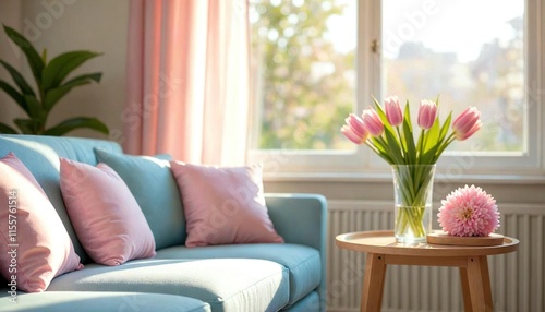 Spring Living Room with Pastel Cushions and Flowers photo