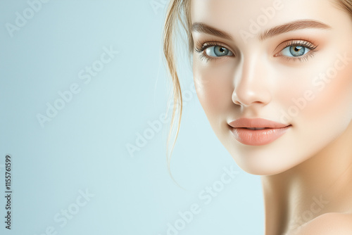 Blonde aux yeux bleu souriante, fond vert