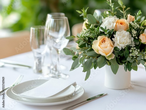 Elegant dining table with matte plates, silver cutlery, and soft linen napkins, surrounded by floral centerpieces for a luxurious look