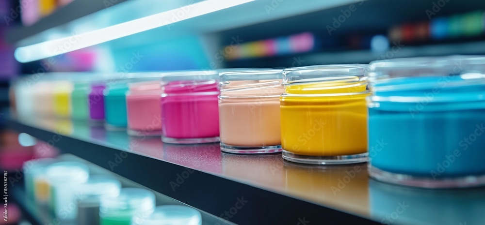Colorful jars of paint displayed on a shelf for artistic use. Colorful jars of paint displayed on a shelf for artistic use.