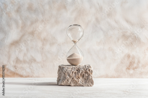 Sablier en verre avec du sable beige sur un socle en pierre photo