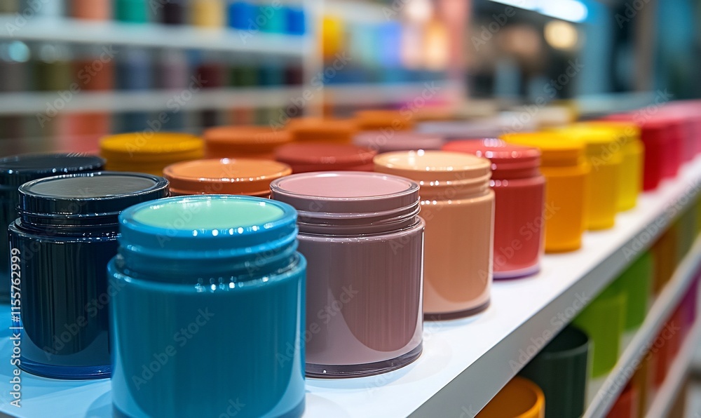 Colorful jars arranged on a shelf, showcasing a variety of hues for artistic use. Colorful jars arranged on a shelf, showcasing a variety of hues for artistic use.