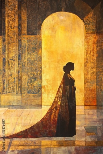 Queen Esther stands bravely before King Ahasuerus in a golden palace. Generative AI