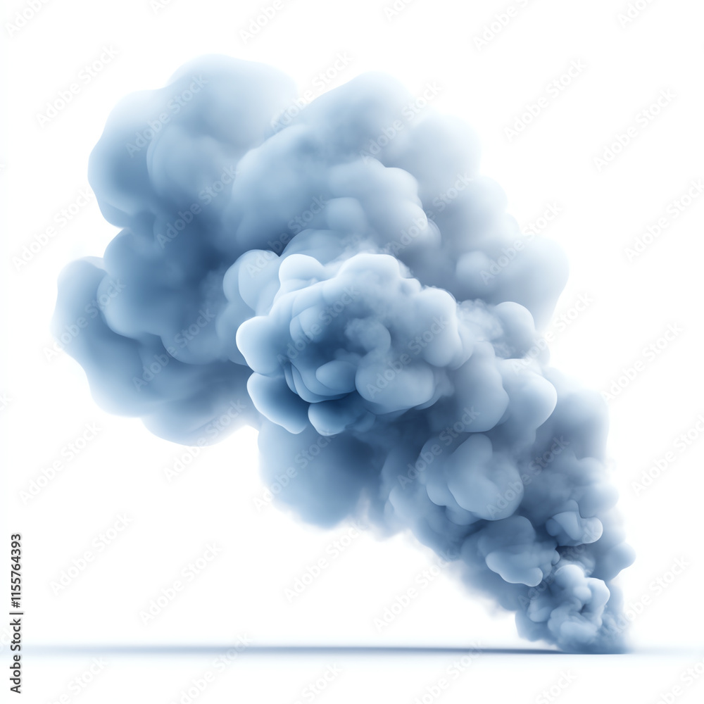 A dense blue smoke cloud rises against a pure white background, creating a dramatic and ethereal effect. A dense blue smoke cloud rises against a pure white background, creating a dramatic and ethereal effect.