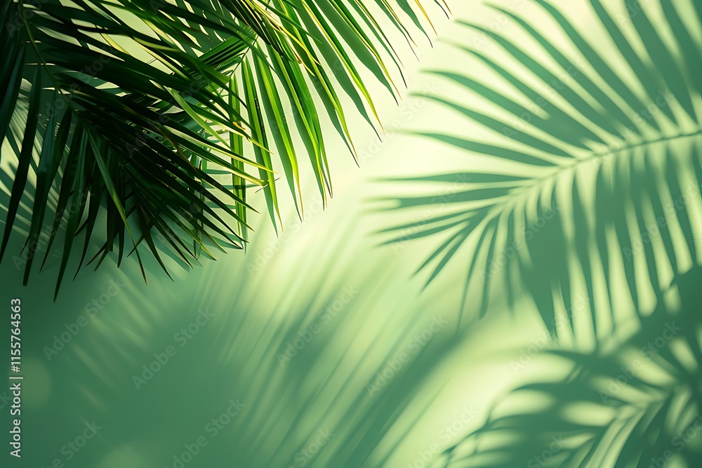 Fototapeta premium Palm leaves in sunlight on a green background