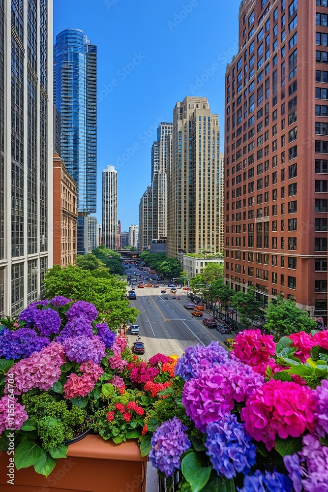 Fototapeta premium Panoramic Cityscape with Skyscrapers and Vibrant Flowers
