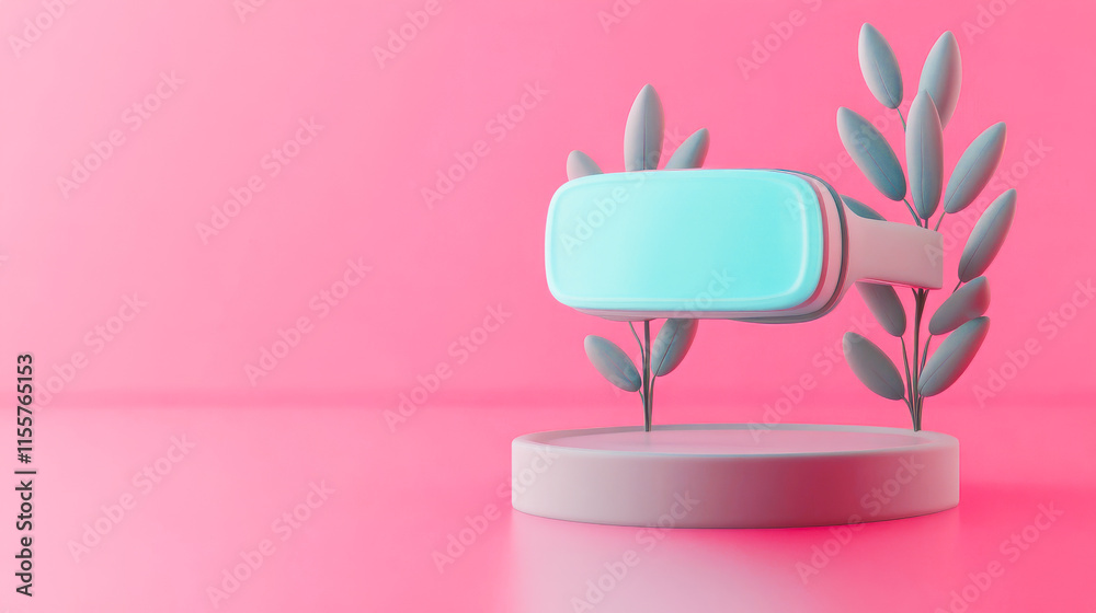 A sleek virtual reality headset displayed on a minimalist podium, surrounded by decorative green leaves against a vibrant pink background. A sleek virtual reality headset displayed on a minimalist podium, surrounded by decorative green leaves against a vibrant pink background.