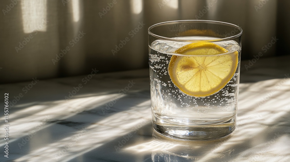 Refreshing Sparkling Water with Lemon Slice in Sunlight Refreshing Sparkling Water with Lemon Slice in Sunlight