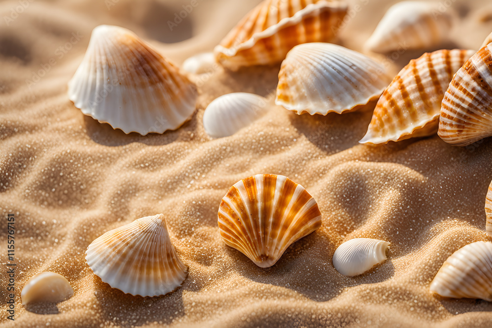 Close up of seashells on the sandy beach, Generated by ai Close up of seashells on the sandy beach, Generated by ai
