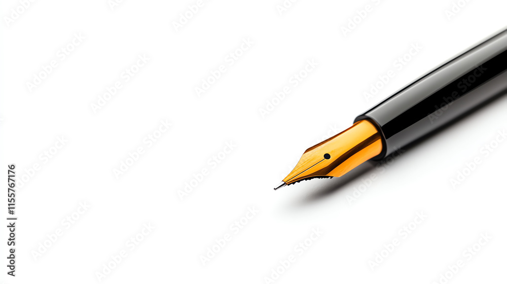 Close-up view of a fountain pen with a gold nib on a white isolated background. Close-up view of a fountain pen with a gold nib on a white isolated background.