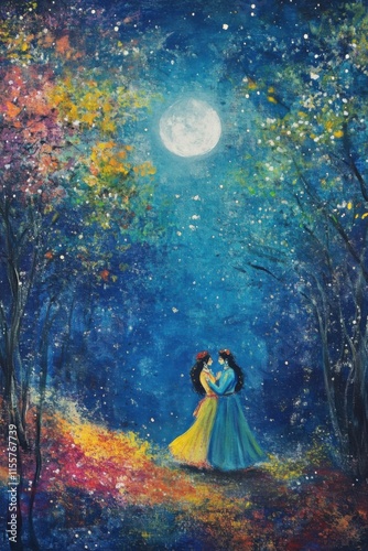 Krishna and Radha\'s celestial dance in the moonlit grove of love. Generative AI photo