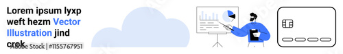 Person presenting data on a screen, alongside cloud icon and abstract shapes. Ideal for cloud computing, data analysis, business presentations, online storage, technology, digital marketing
