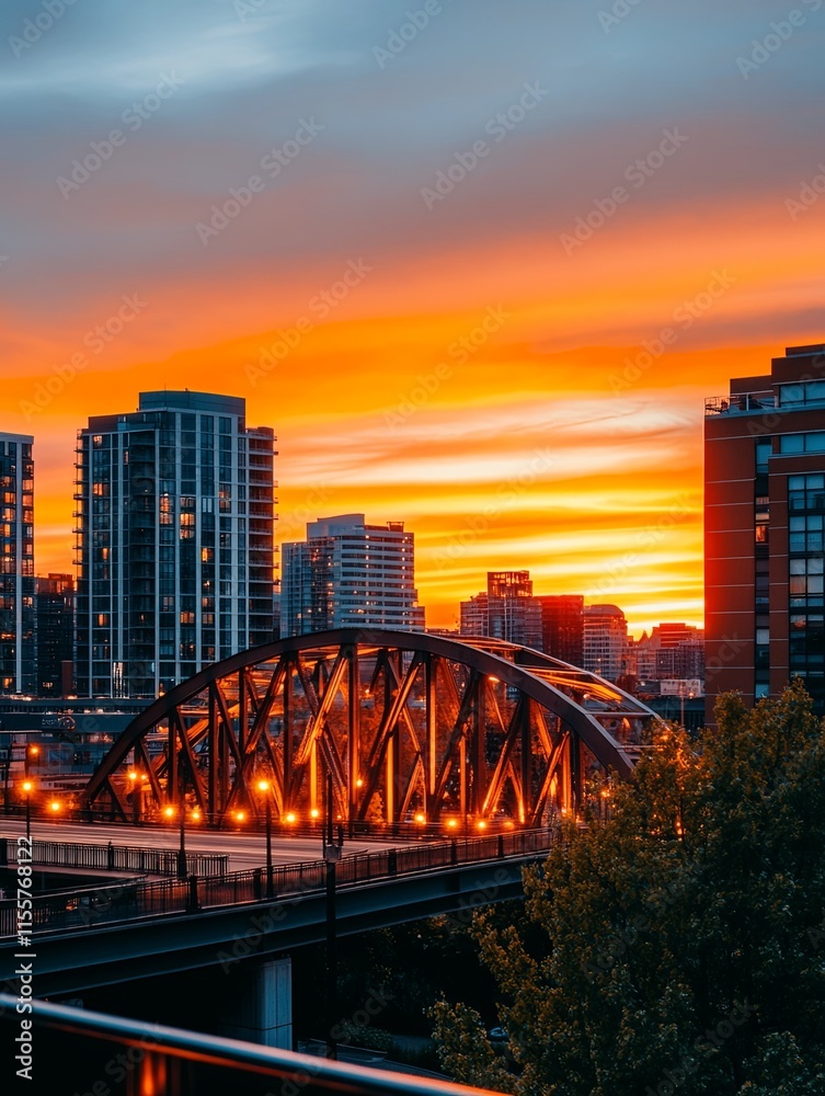 Fototapeta premium Vibrant City Skyline at Sunset with Towering Buildings