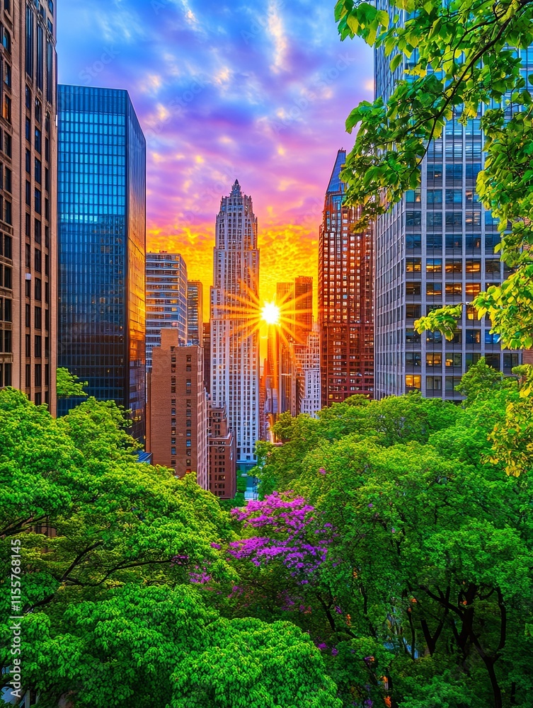 Fototapeta premium Vibrant Sunset over City Skyline with Greenery