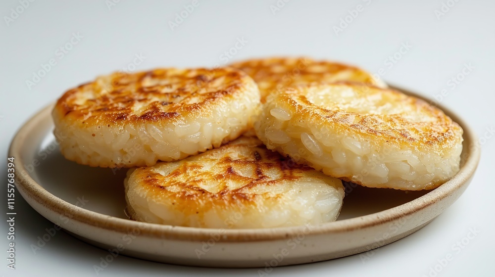 Crunchy brown crusted roasted rice cakes in a platter seen from above and up close against a white background featuring lots of text room, Generative AI. Crunchy brown crusted roasted rice cakes in a platter seen from above and up close against a white background featuring lots of text room, Generative AI.