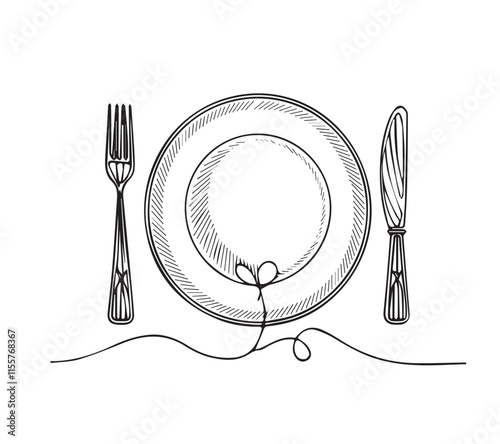 Plate knife, fork continuous outline drawing. Decoration for cafe or kitchen