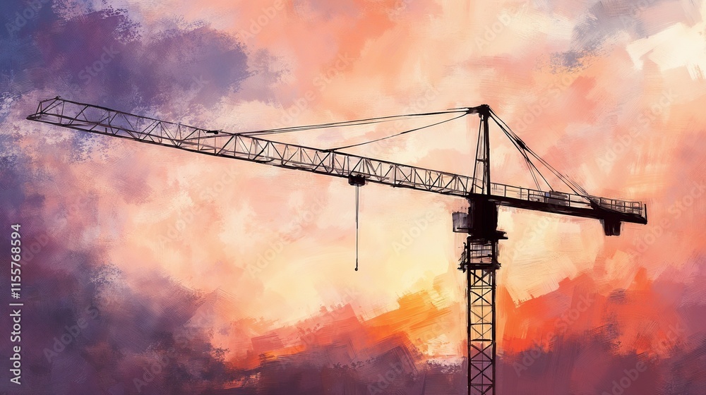 Silhouette of a construction crane against a dramatic sunset sky