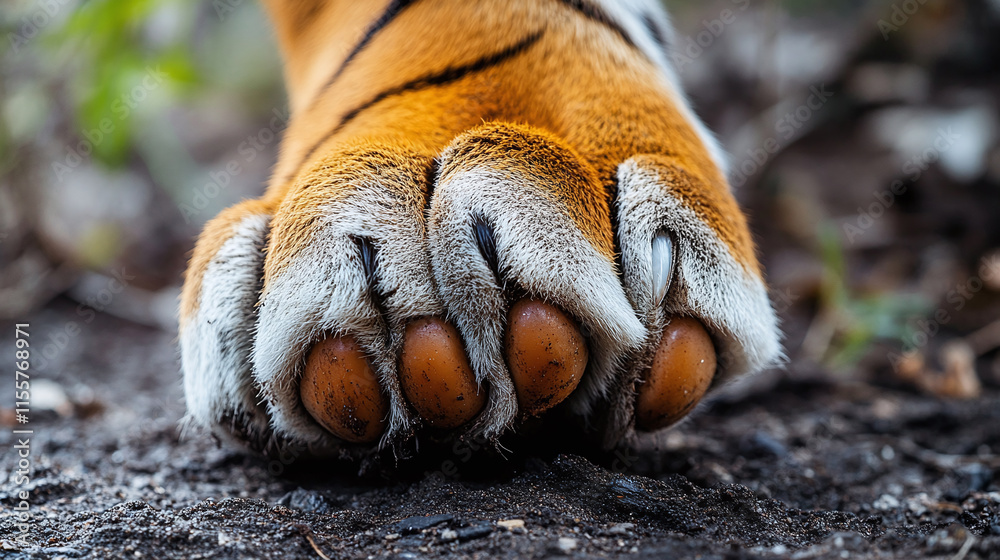 Obraz premium Closeup of striped black orange and white tiger wild cat animal paw foot leg with claws. outdoor wildlife nature carnivore predator and hunter, big dangerous beast in wilderness.
