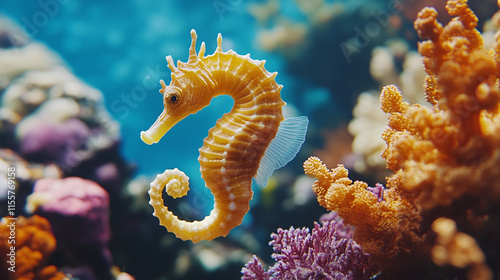 Closeup of yellow seahorse swimming deep underwater in sea or ocean aquatic wildlife aquarium marine nature, colorful coral reef around. tropical nautical summer environment, exotic creature.
